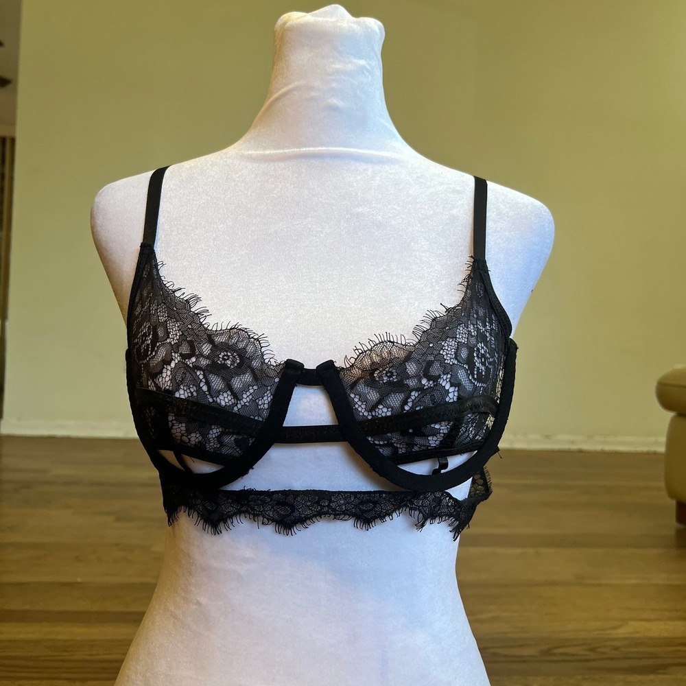 PrettyLittleThing Black Eyelash Lace Bralette Strappy Cut Out Lingerie Top XS